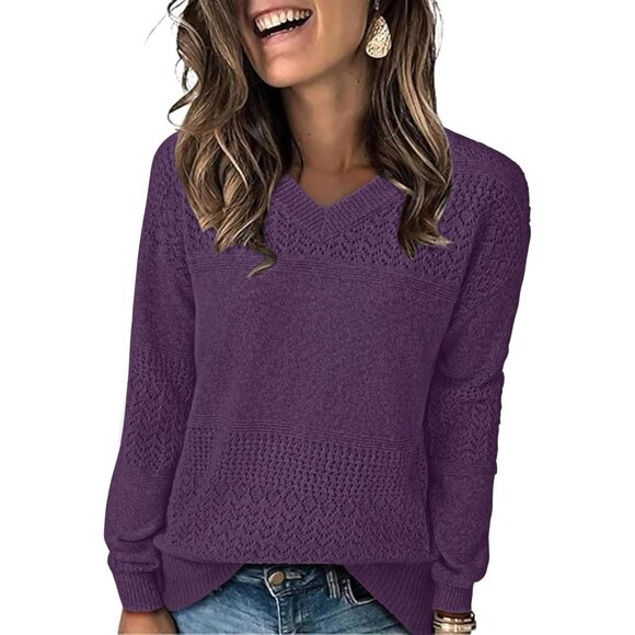 Sweaters - Women's Lightweight Crochet V Neck Sweater Long Sleeve Fall Top Casual